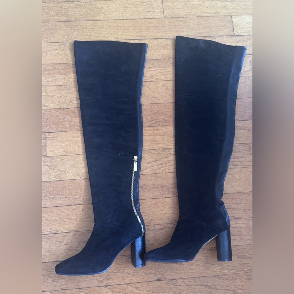 Stuart Weitzman Suede & Leather Black Over-the-Knee Boots with Gold Zipper